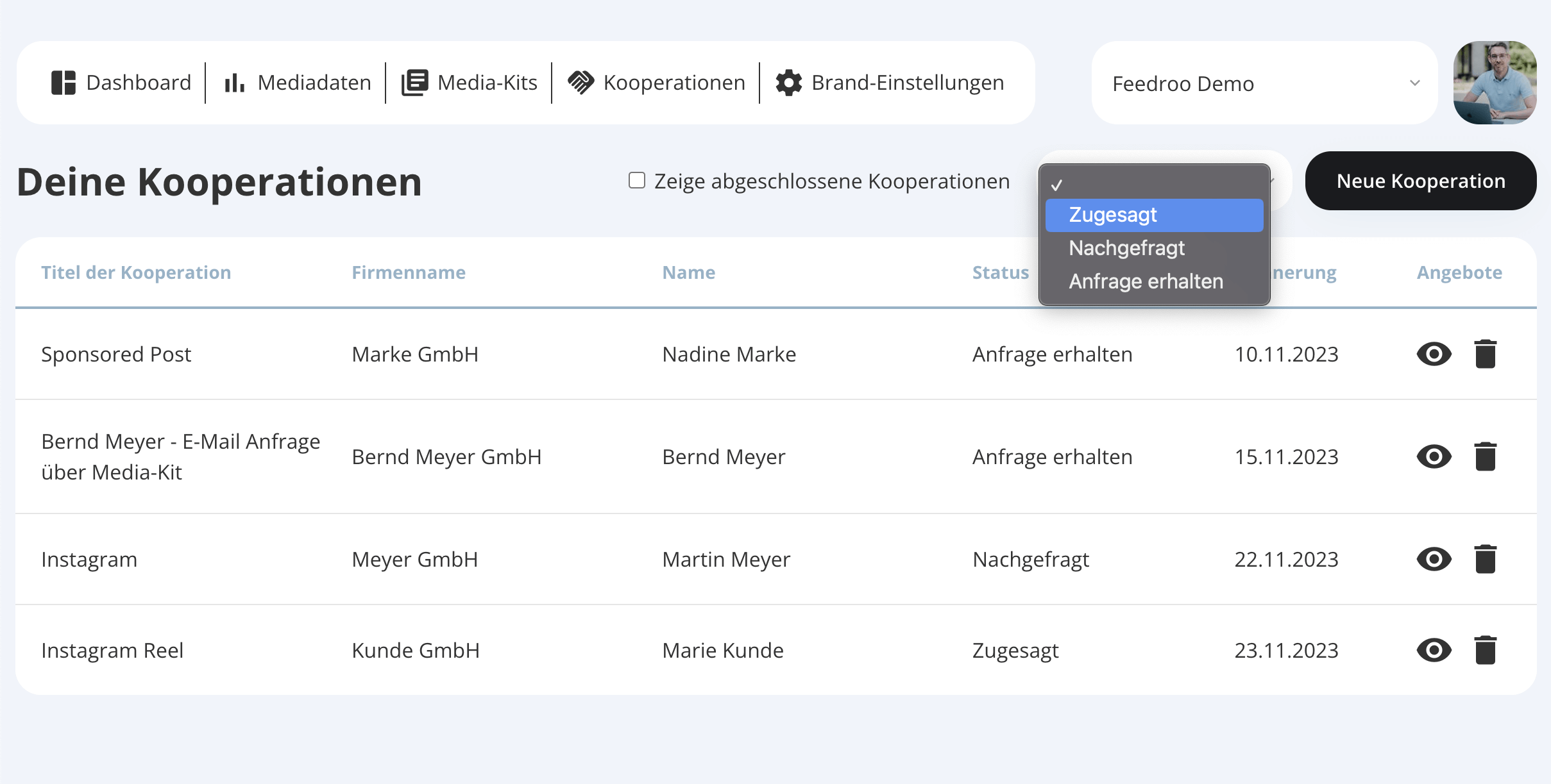 Cooperation overview with status filter
